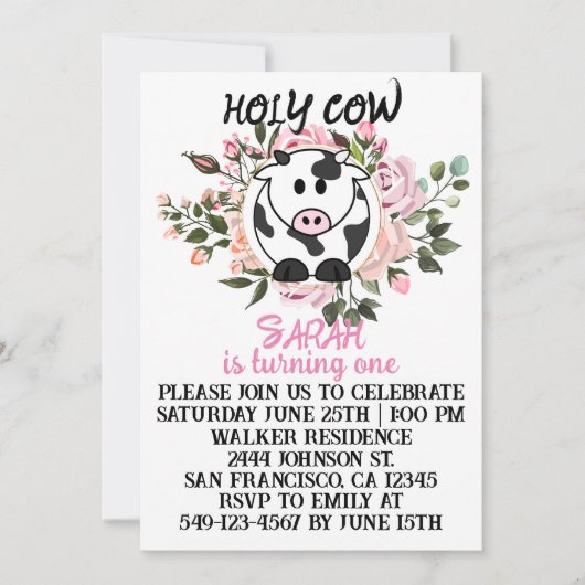 聖い牛の女の子が1枚の誕生日カードを回している 招待状 (正面)