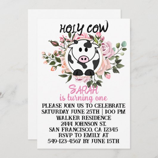 聖い牛の女の子が1枚の誕生日カードを回している 招待状 (正面/裏面)