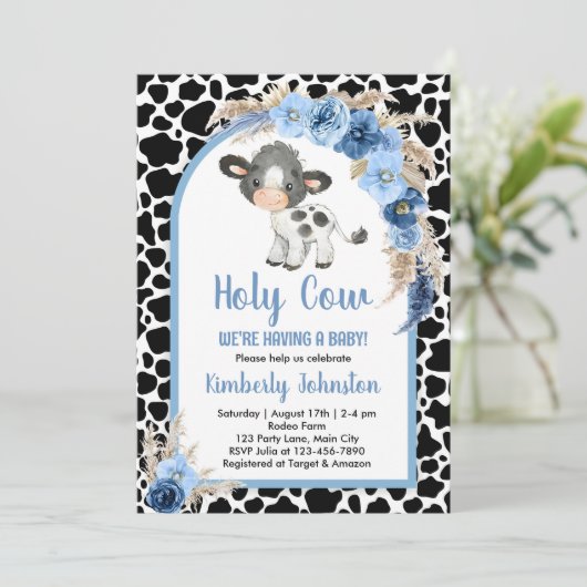 聖い牛の少年の赤ちゃんシャワー青いボホファームの招待 招待状 (スタンド正面)