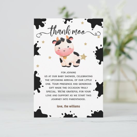 聖い牛の水色の赤ちゃんシャワー素朴 サンキューカード (スタンド正面)