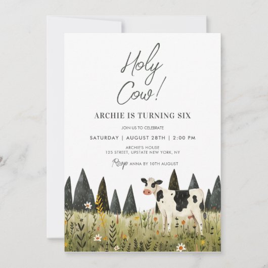 聖い牛の誕生日牛のパーティー水色かわいい子供たち 招待状 (正面)