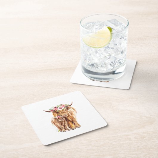 聖い牛の赤ちゃんシャワーボホハイランドカーフ スクエアペーパーコースター (インサイチュ)