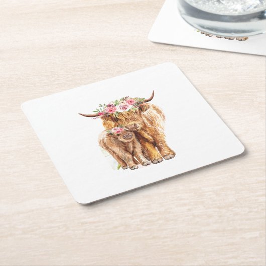 聖い牛の赤ちゃんシャワーボホハイランドカーフ スクエアペーパーコースター (アングル)