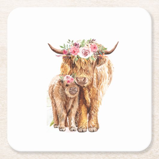 聖い牛の赤ちゃんシャワーボホハイランドカーフ スクエアペーパーコースター (正面)