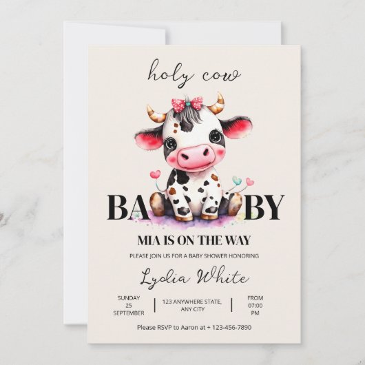 聖い牛の赤ちゃんシャワーミニマリスト女の子の赤ちゃんシャワー 招待状 (正面)