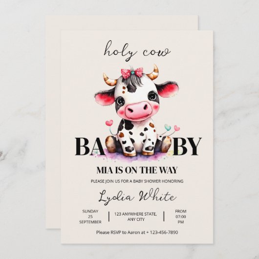聖い牛の赤ちゃんシャワーミニマリスト女の子の赤ちゃんシャワー 招待状 (正面/裏面)