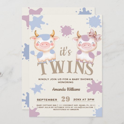 聖い牛の農場の動物の男の子の双子の赤ちゃんシャワー 招待状 (正面/裏面)