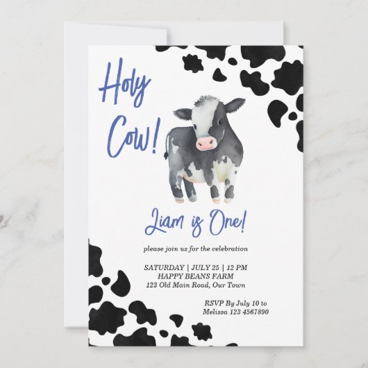 聖い牛の黒と青かわいい牛の誕生日パーティー 招待状 (正面)