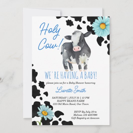聖い牛の黒と青かわいい牛の赤ちゃんシャワー 招待状 (正面)