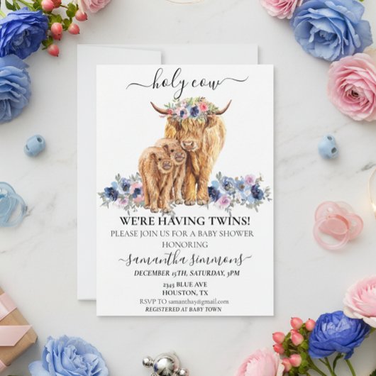 聖い牛ツインズハイランドカーフベビーシャワーピンクブルー 招待状