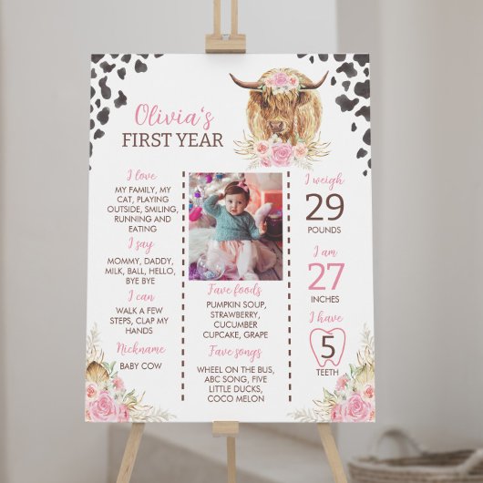 聖い牛ハイランド牛の最初の誕生日マイルストーンサイン ポスター