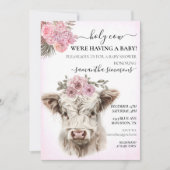 聖い牛ホワイトピンクハイランドカーフベビーシャワー 招待状 (正面)