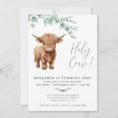 聖い牛ボホグリーンリーハイランドカウハイランドカウファースト誕生日 招待状 (正面)