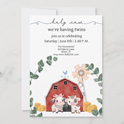 聖い牛、私たちは双子の赤ちゃんシャワーを持っている 招待状 (正面)