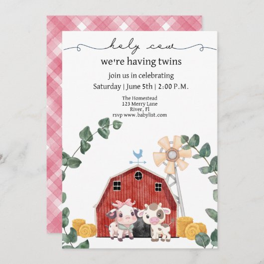 聖い牛、私たちは双子の赤ちゃんシャワーを持っている 招待状 (正面/裏面)