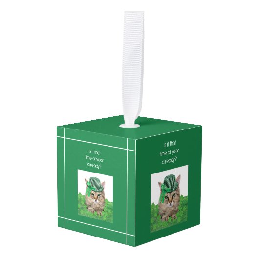 聖おもしろいパトリックの日の猫 キューブオーナメント (正面アングル)