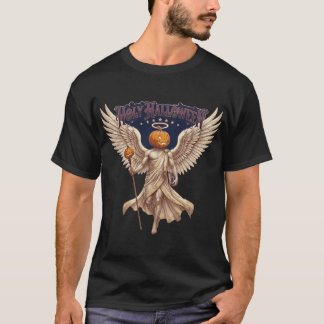 聖なるハロウィンの天使のパンプキン ゴシック ビンテージ イラスト Tシャツ