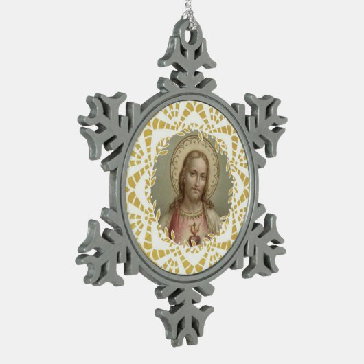 聖なるハートのイエスの金ゴールド スノーフレークピューターオーナメント (左)