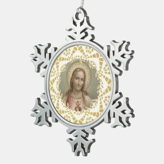 聖なるハートのイエスの金ゴールド スノーフレークピューターオーナメント (右)