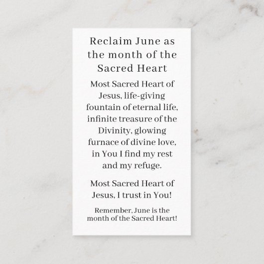 聖なるハートのイエス祈りの言葉カード コーリングカード (裏面)