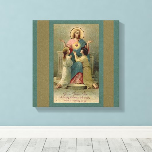 聖なるハートイエスの子供たちが彼の足にひざまずく キャンバスプリント (インサイチュ (ウッドフロア))