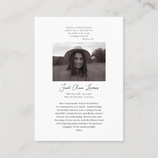 聖なるハートイエスカトリック葬儀祈りの言葉カード プレイスカード (裏面)