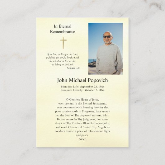 聖なるハートイエズスの葬儀祈りの言葉カード プレイスカード (裏面)