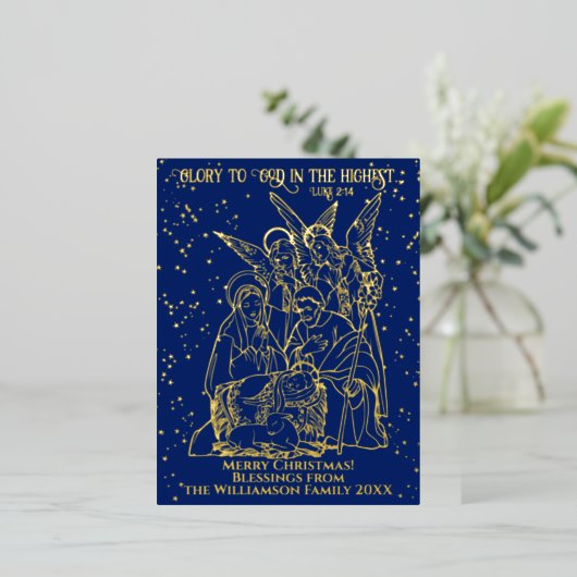 聖なる夜のクリスマス出生シーン聖書の聖句 箔シーズンポストカード (立ち正面)