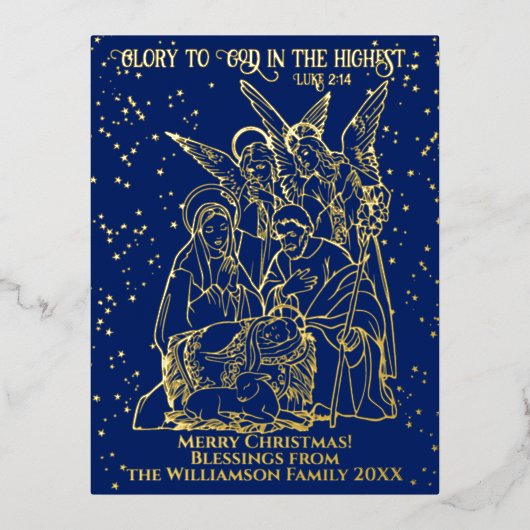 聖なる夜のクリスマス出生シーン聖書の聖句 箔シーズンポストカード (正面)