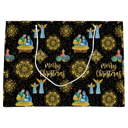 聖なる夜の出生メリージョセフイエズゴールデンスター ラージペーパーバッグ (正面)