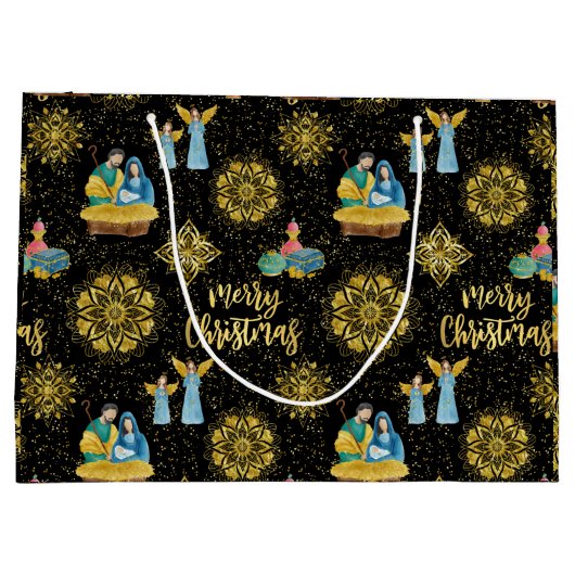 聖なる夜の出生メリージョセフイエズゴールデンスター ラージペーパーバッグ (裏面)