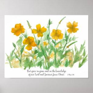 聖なる書物、 経典ペテロ3:18 Bible Verse California Poppy ポスター