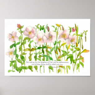 聖なる書物、 経典マタイ6:33 Bible Verse Primrose Flower ポスター