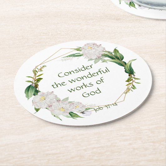 聖なる書物、 経典感動的引用文ホワイトローズフラワー ラウンドペーパーコースター (アングル)