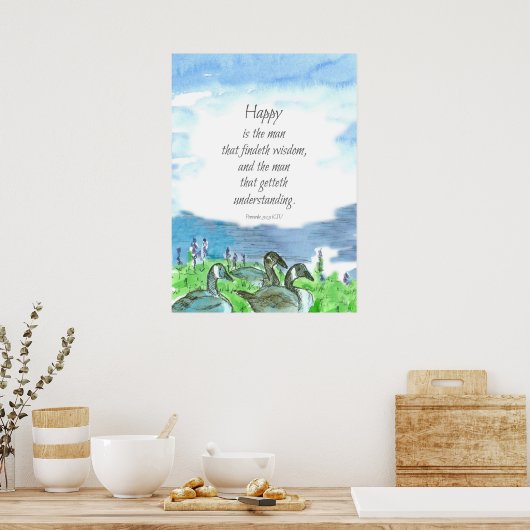 聖なる書物、 経典箴言3:13聖書幸福は人 ポスター (キッチン)