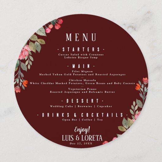 聖なる書物、 経典結婚ディナーメニュー メニュー (正面)