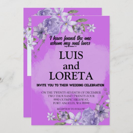 聖なる書物、 経典結婚式招待状カード私は紫を見つけた 招待状 (正面/裏面)