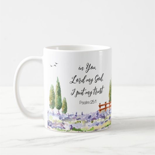 聖なる書物、 経典詩篇25:1,I put My Trust Bluebird Art コーヒーマグカップ (左)