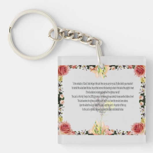 聖なる書物、 経典、詩篇11章カラフル花 キーホルダー (正面)