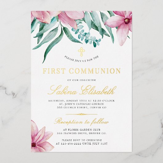 聖なる最初の聖体フローラピンクエレガント金ゴールド 箔招待状 (正面)