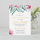 聖なる最初の聖体フローラピンクエレガント金ゴールド 箔招待状 (立ち正面)