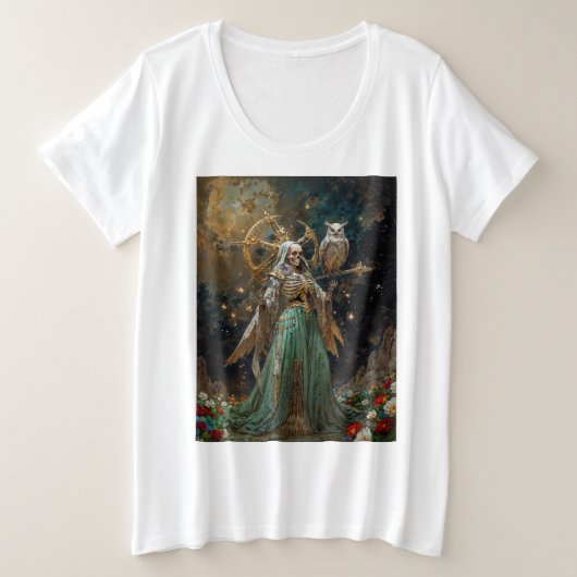 聖なる死の女神 聖骨の貴婦人 サンタ・ムエルテ プラスサイズTシャツ (デザイン正面)