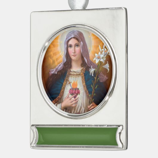 聖なる母マリア・マルキュレハート，カトリック信仰， シルバープレートバナーオーナメント (左)