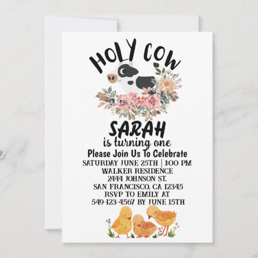 聖なる牛の少年少女の1歳誕生日カード 招待状 (正面)