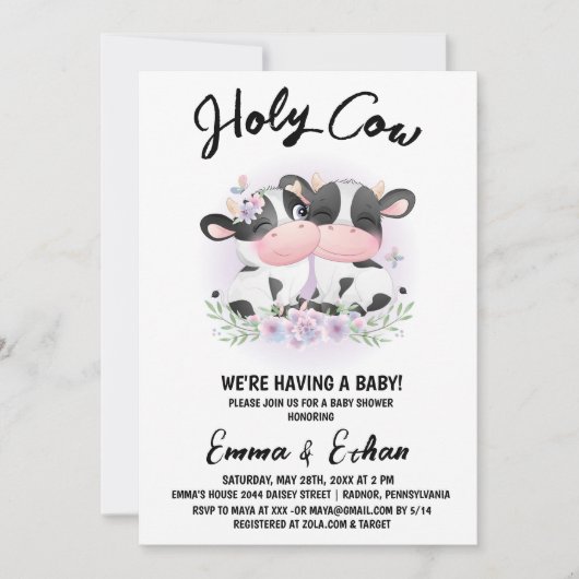 聖なる牛の性別が赤ちゃんのシャワーを明らかにする 招待状 (正面)
