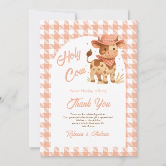 聖なる牛の我々はベビーの桃素朴のプレイドを持っている サンキューカード (正面)
