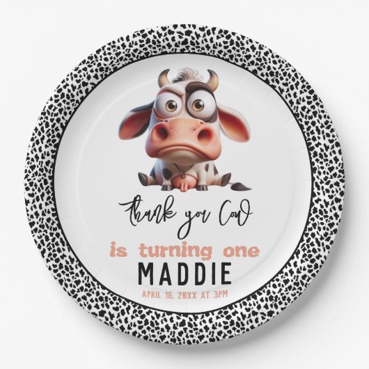 聖なる牛の戯画I'm One女性のカーボーイ1歳の誕生日 ペーパープレート (正面)