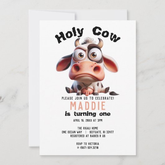 聖なる牛の戯画I'm One女性のカーボーイ1歳の誕生日 招待状 (正面)
