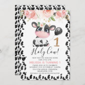 聖なる牛 ピンクの花模様 ゴールドのワン ファーストバースデー 招待状 (正面/裏面)