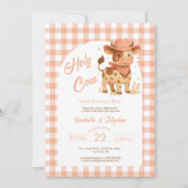 聖なる牛！私たち赤ちゃんが生まれる！ルースティック・ピーチ・チェック 招待状 (正面)